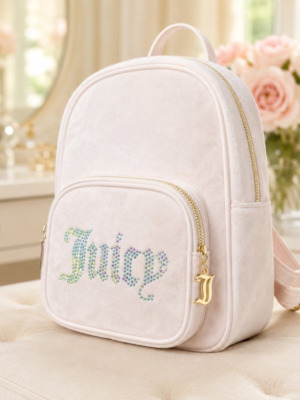 Juicy Couture Obsession Powder Blush Velour Rhinestone Backpack NWT
